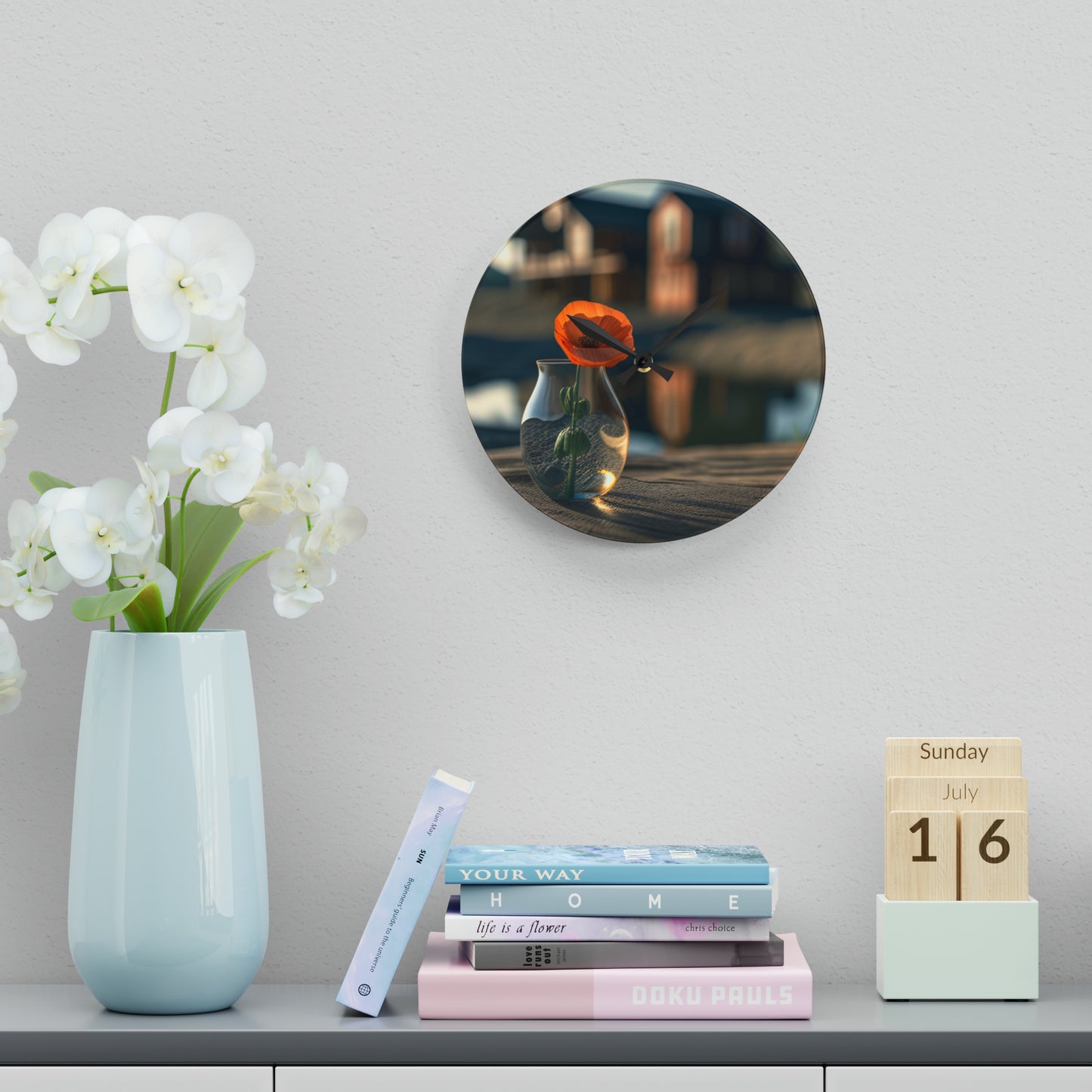 Acrylic Wall Clock Orange Poppy in a Vase 4