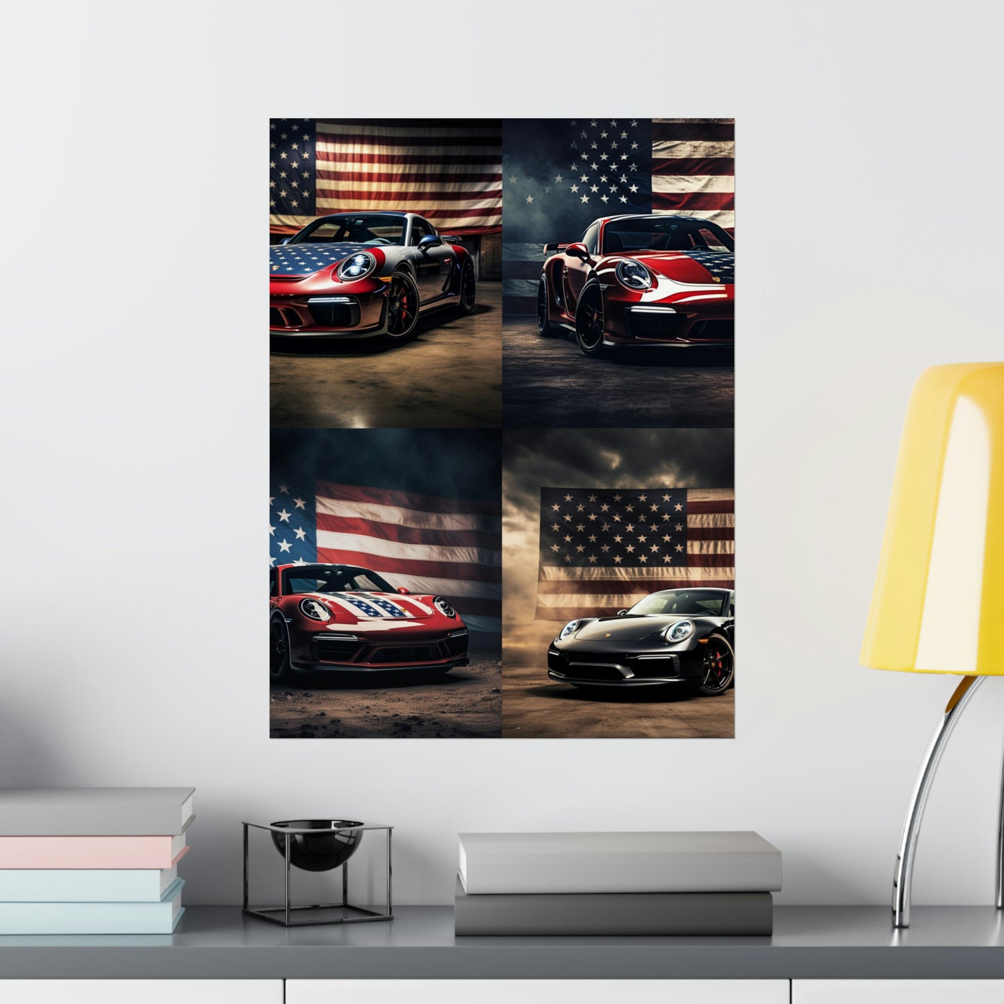 Premium Matte Vertical Posters American Flag Background Porsche 5