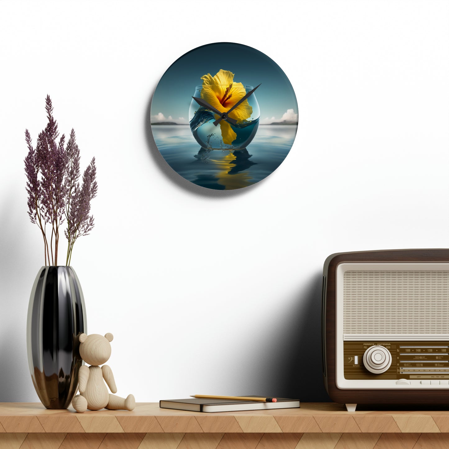 Acrylic Wall Clock Yellow Hibiscus glass 4