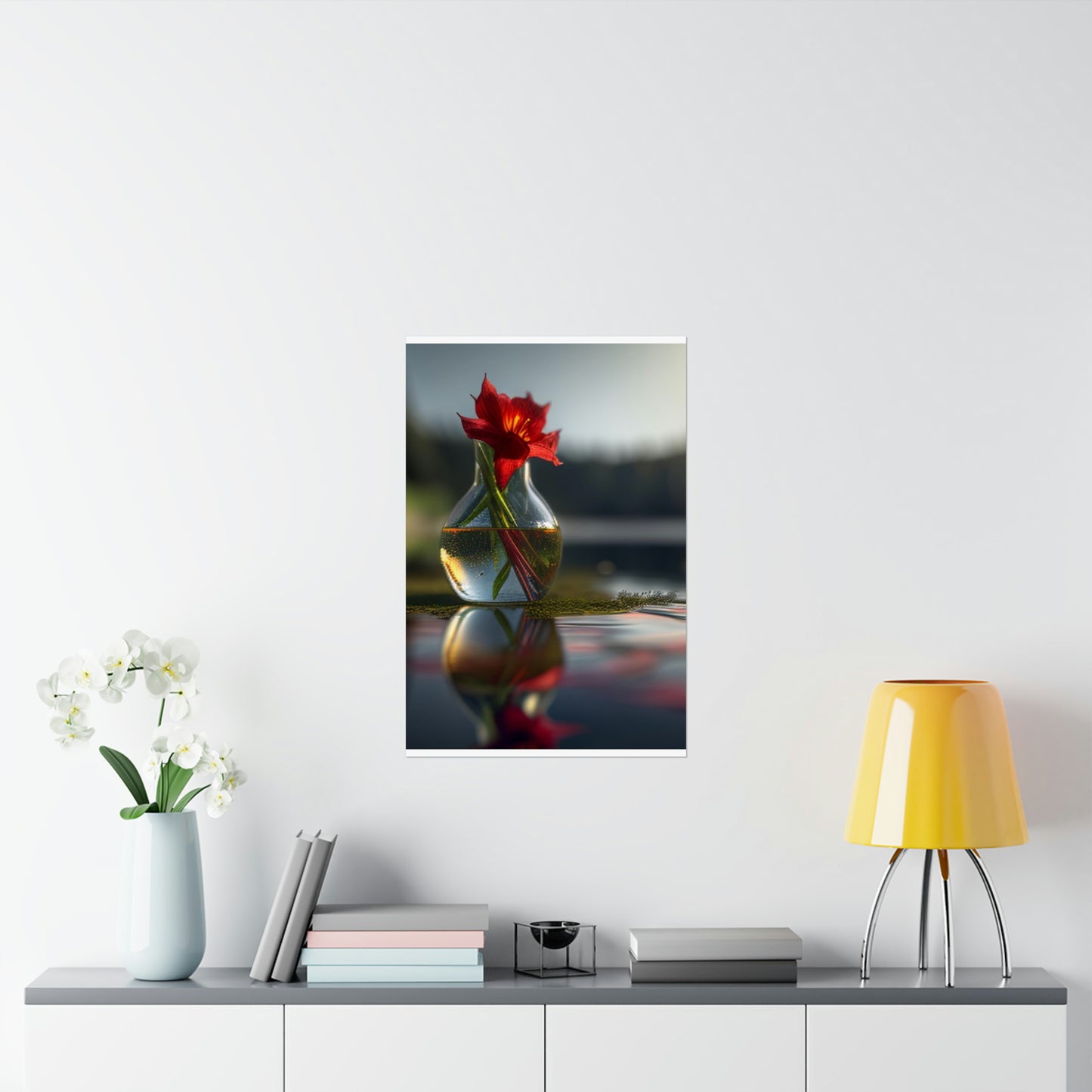 Premium Matte Vertical Posters Red Lily in a Glass vase 3