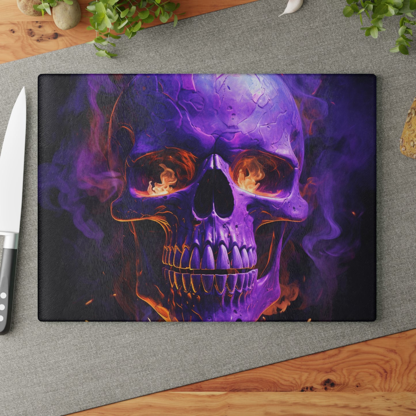 Glass Cutting Board Skull Flames 1