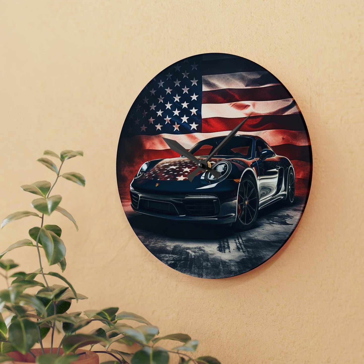 Acrylic Wall Clock Abstract American Flag Background Porsche 2