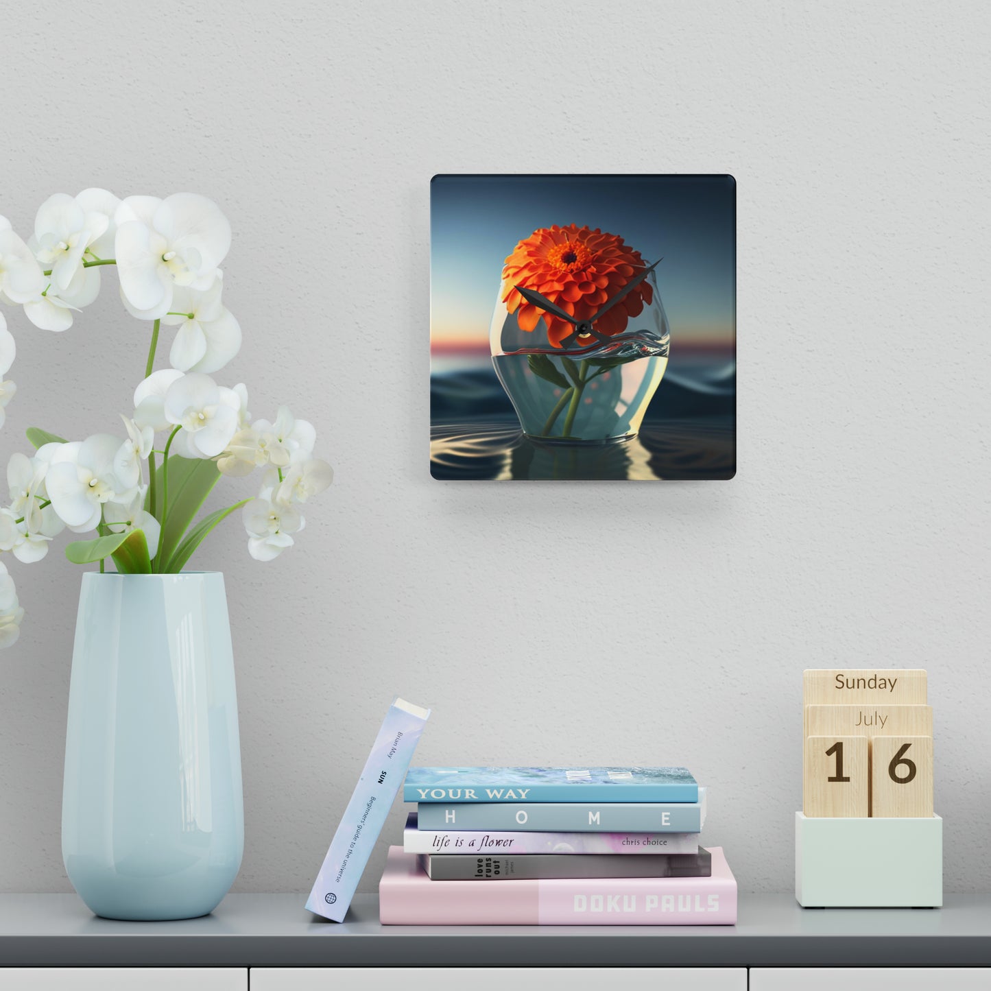 Acrylic Wall Clock Orange Zinnia 4