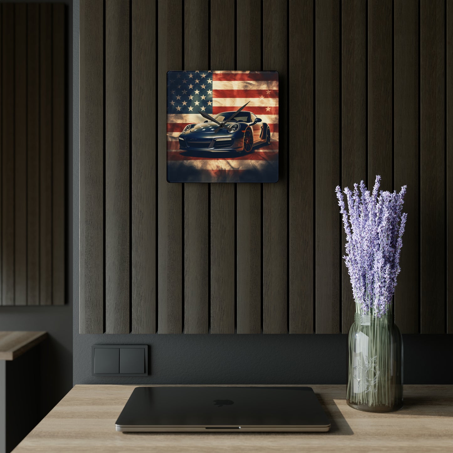 Acrylic Wall Clock Abstract American Flag Background Porsche 3