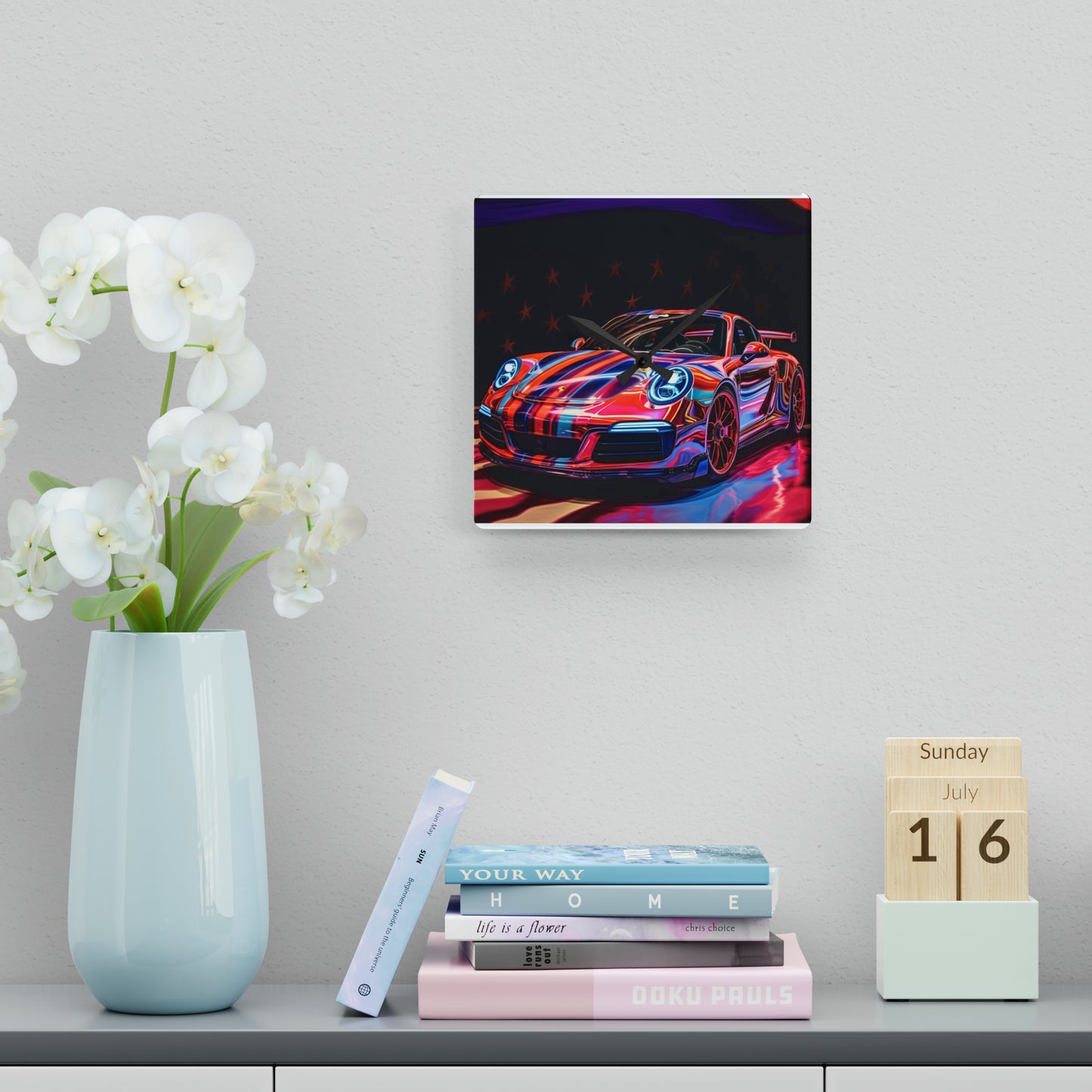 Acrylic Wall Clock American Flag Colored Porsche 1