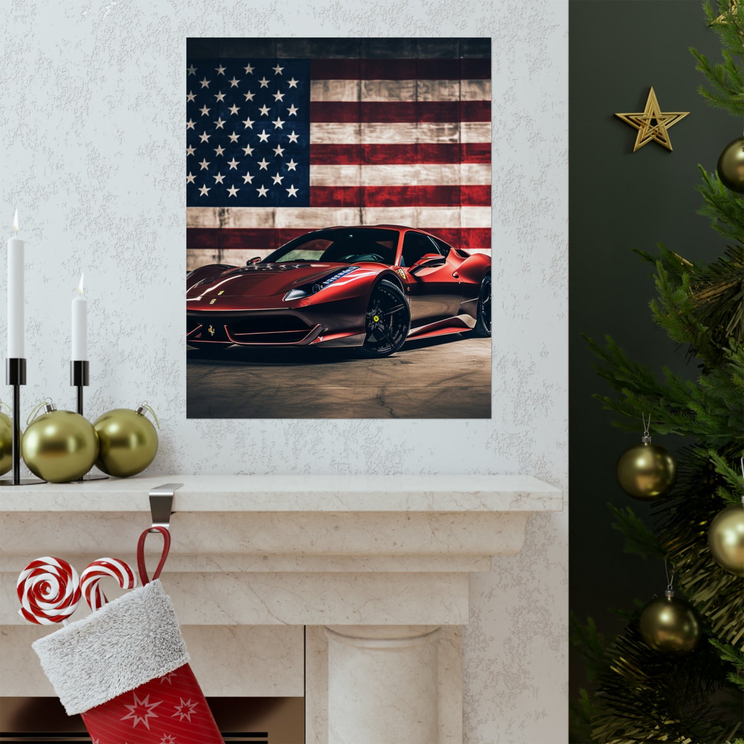 Premium Matte Vertical Posters American Flag Background Ferrari 4