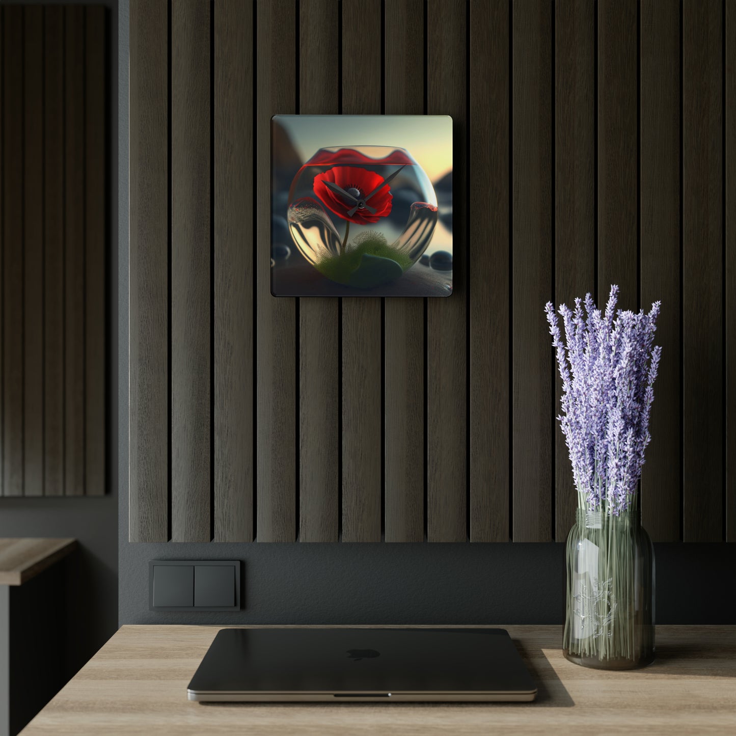 Acrylic Wall Clock Red Anemone in a Vase 3