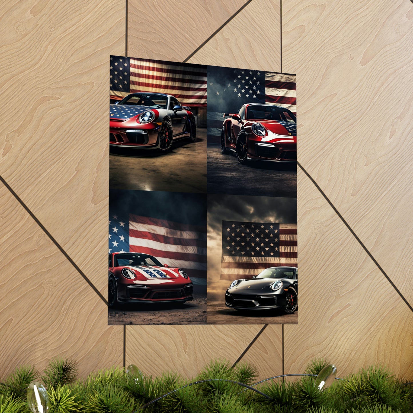 Premium Matte Vertical Posters American Flag Background Porsche 5