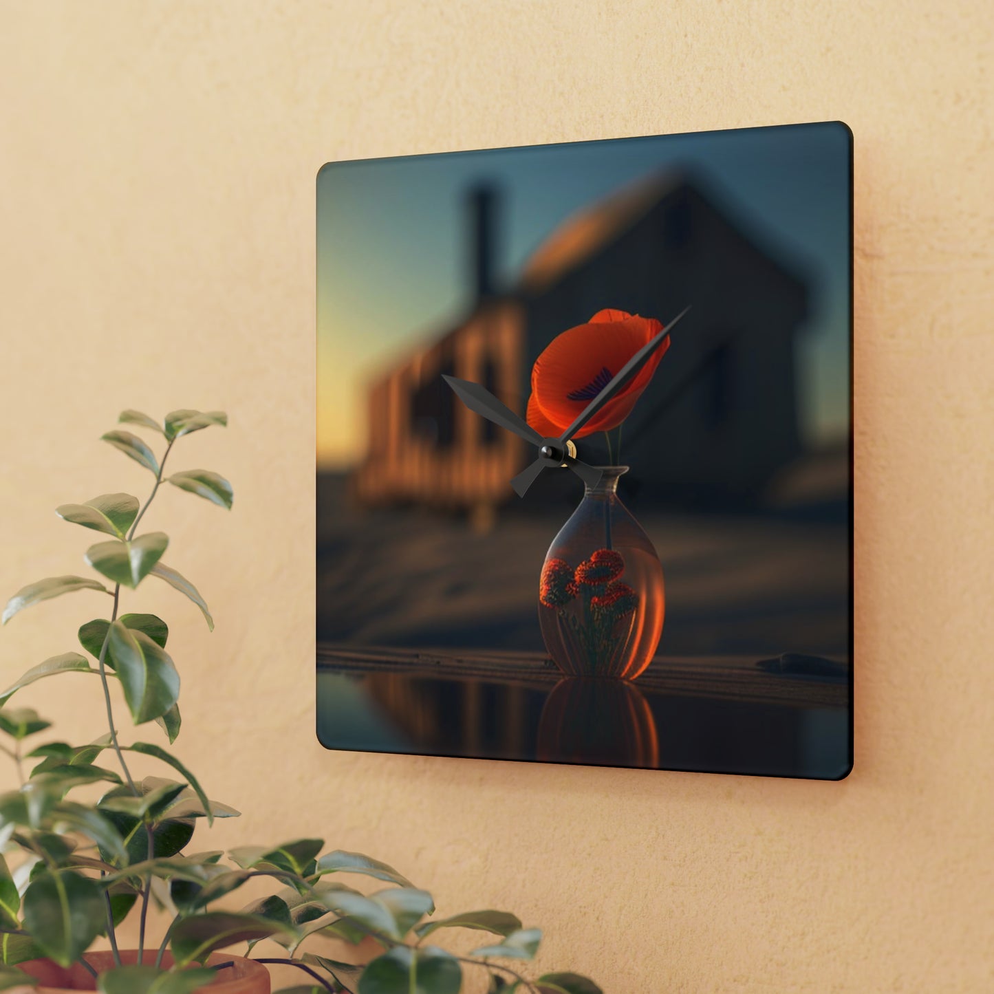 Acrylic Wall Clock Orange Poppy in a Vase 3