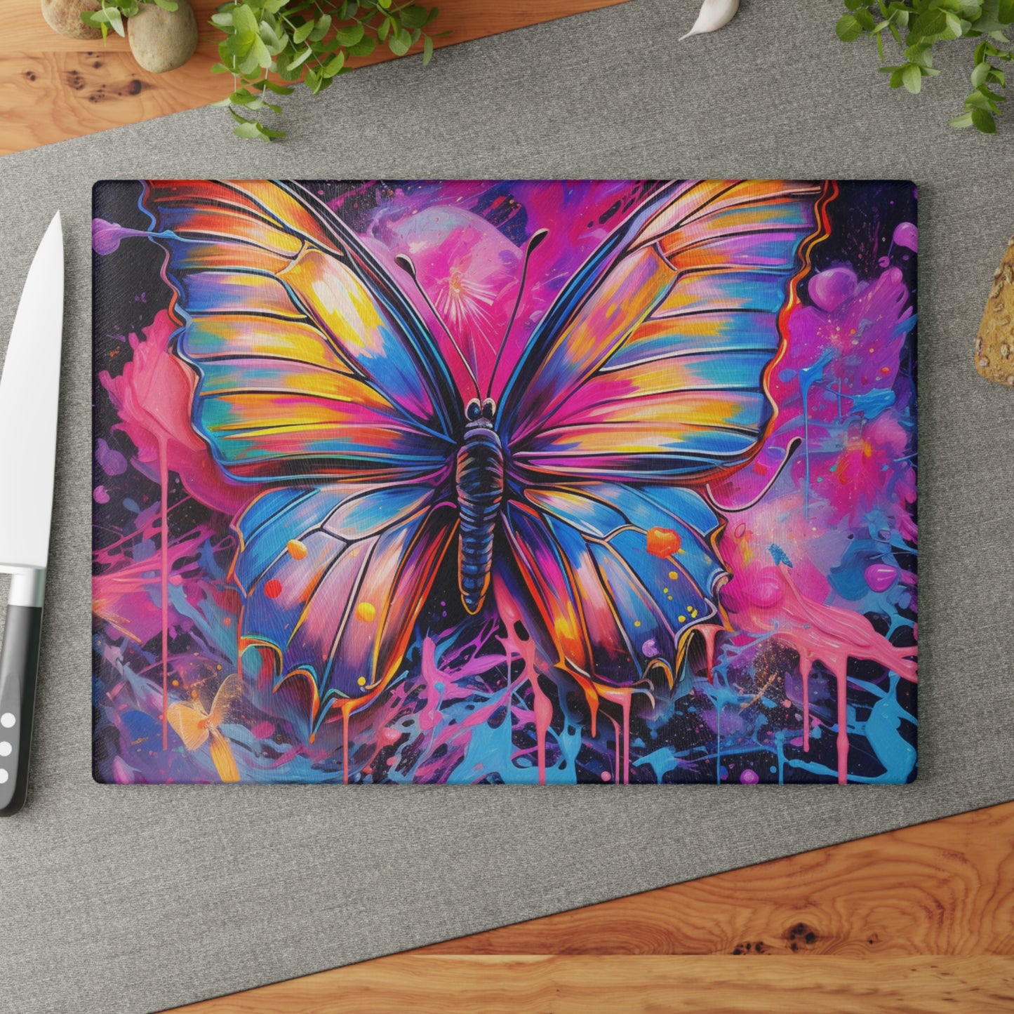 Glass Cutting Board Pink Butterfly Flair 3