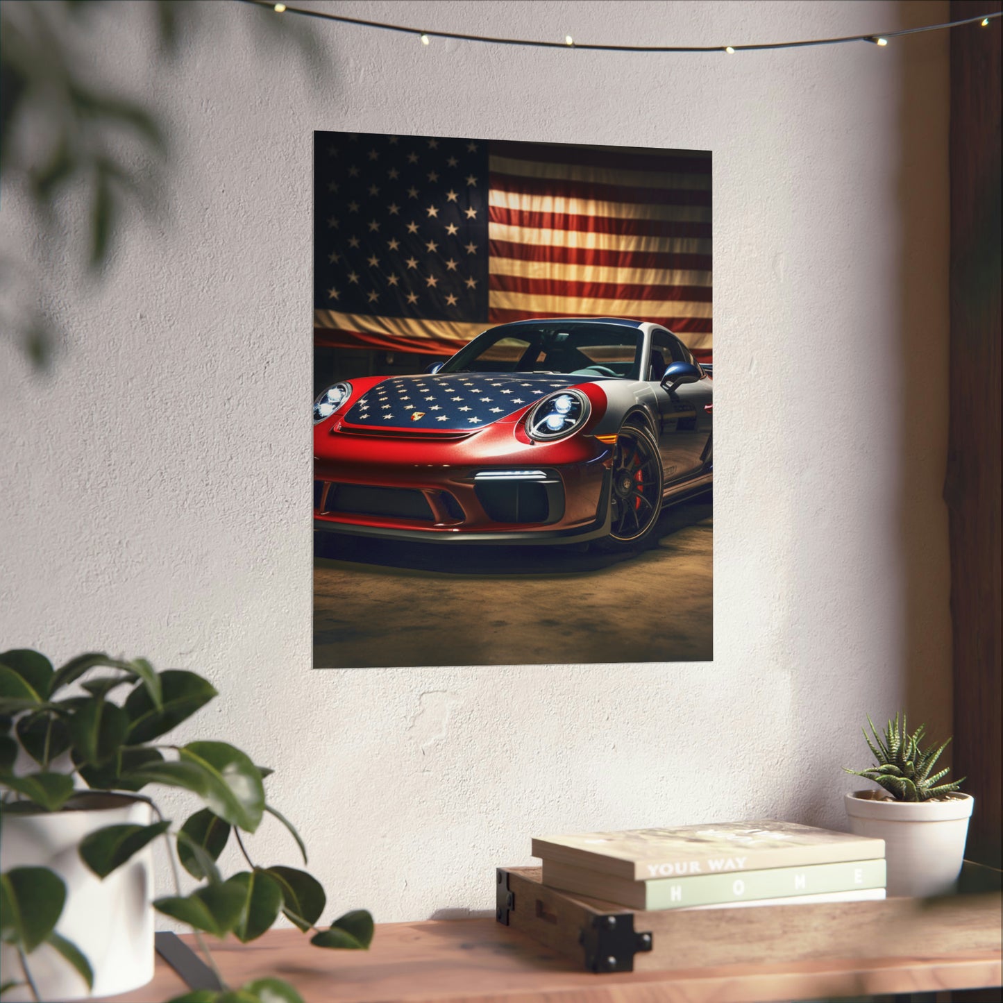 Premium Matte Vertical Posters American Flag Background Porsche 1