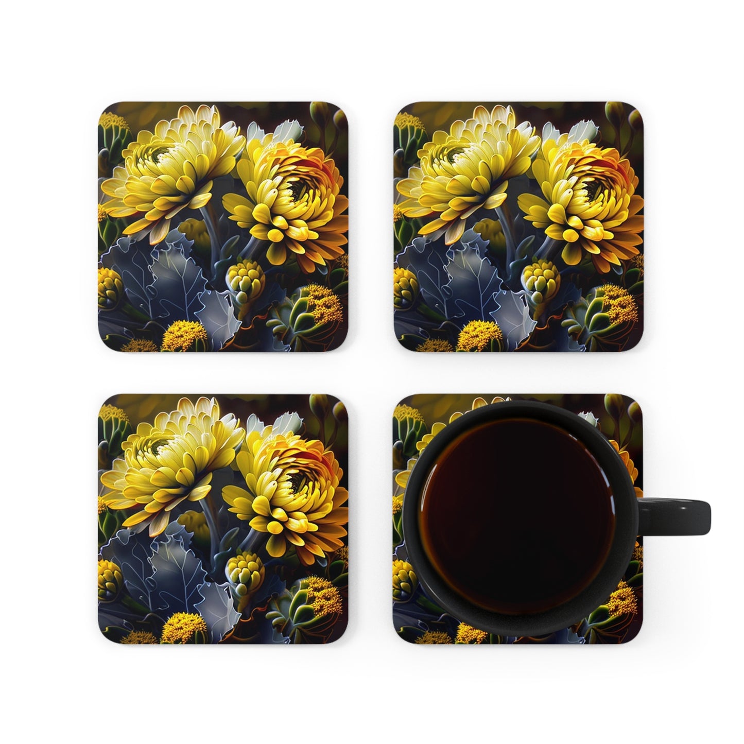 Corkwood Coaster Set Yellow Hermosas Flores Amarillas 1