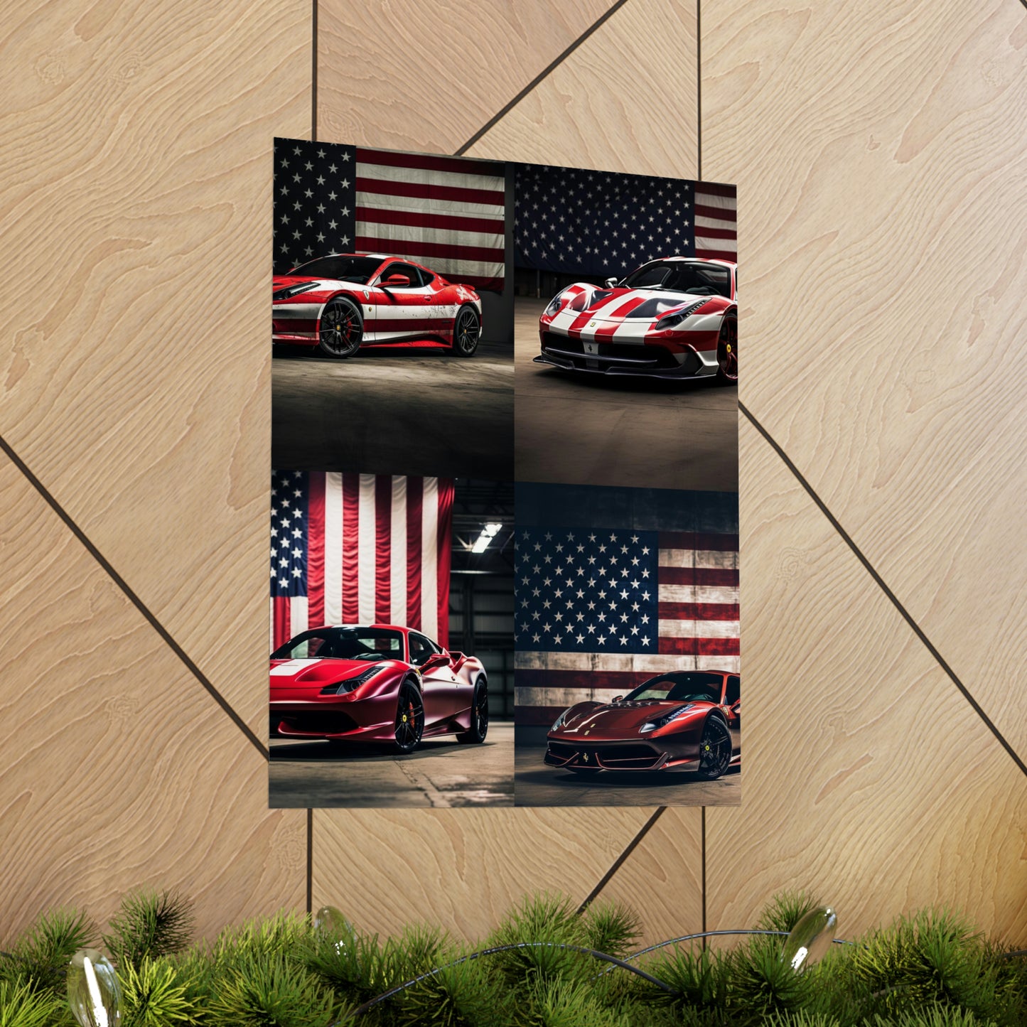 Premium Matte Vertical Posters American Flag Background Ferrari 5