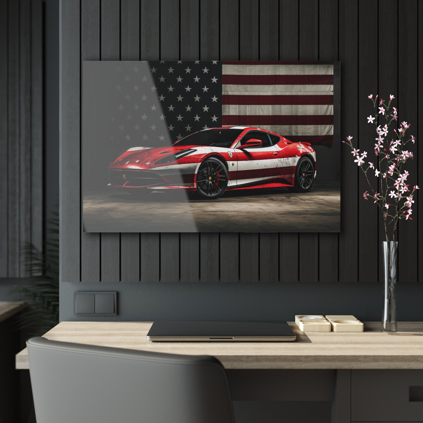 Acrylic Prints American Flag Background Ferrari 1