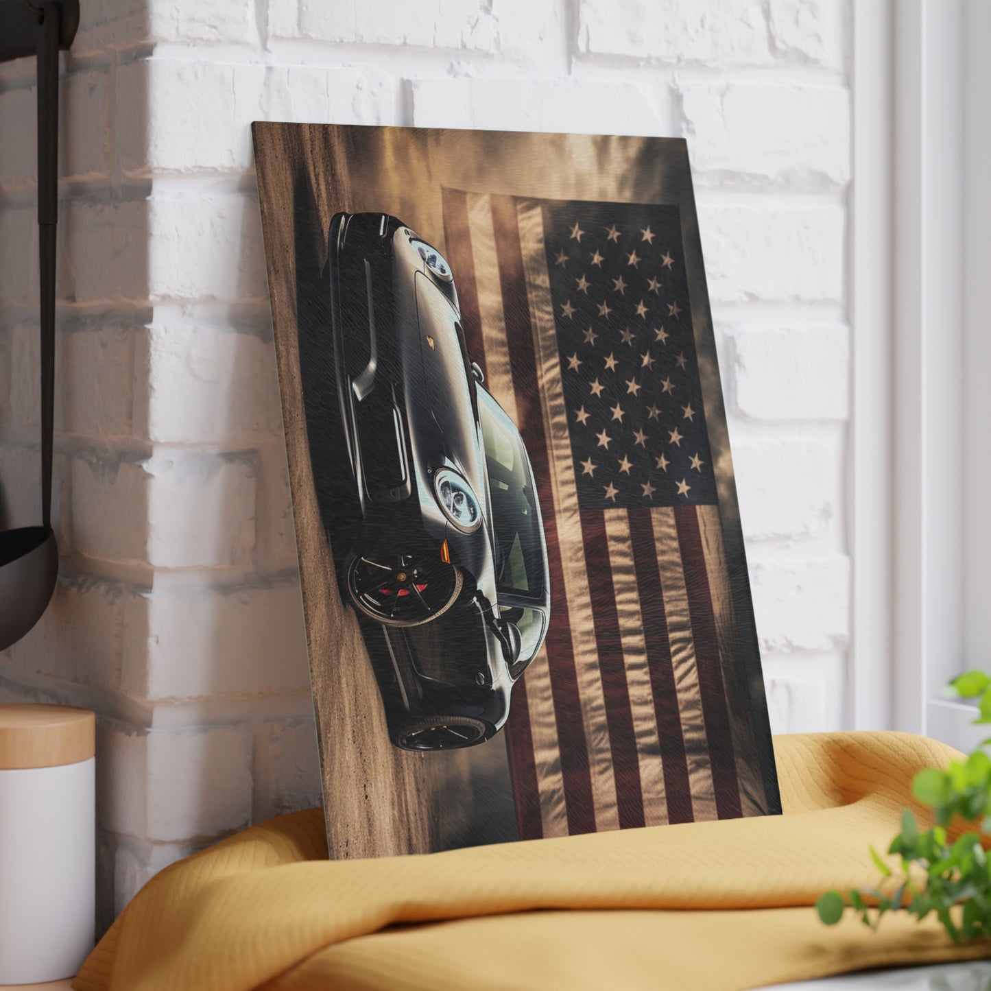 Glass Cutting Board American Flag Background Porsche 4