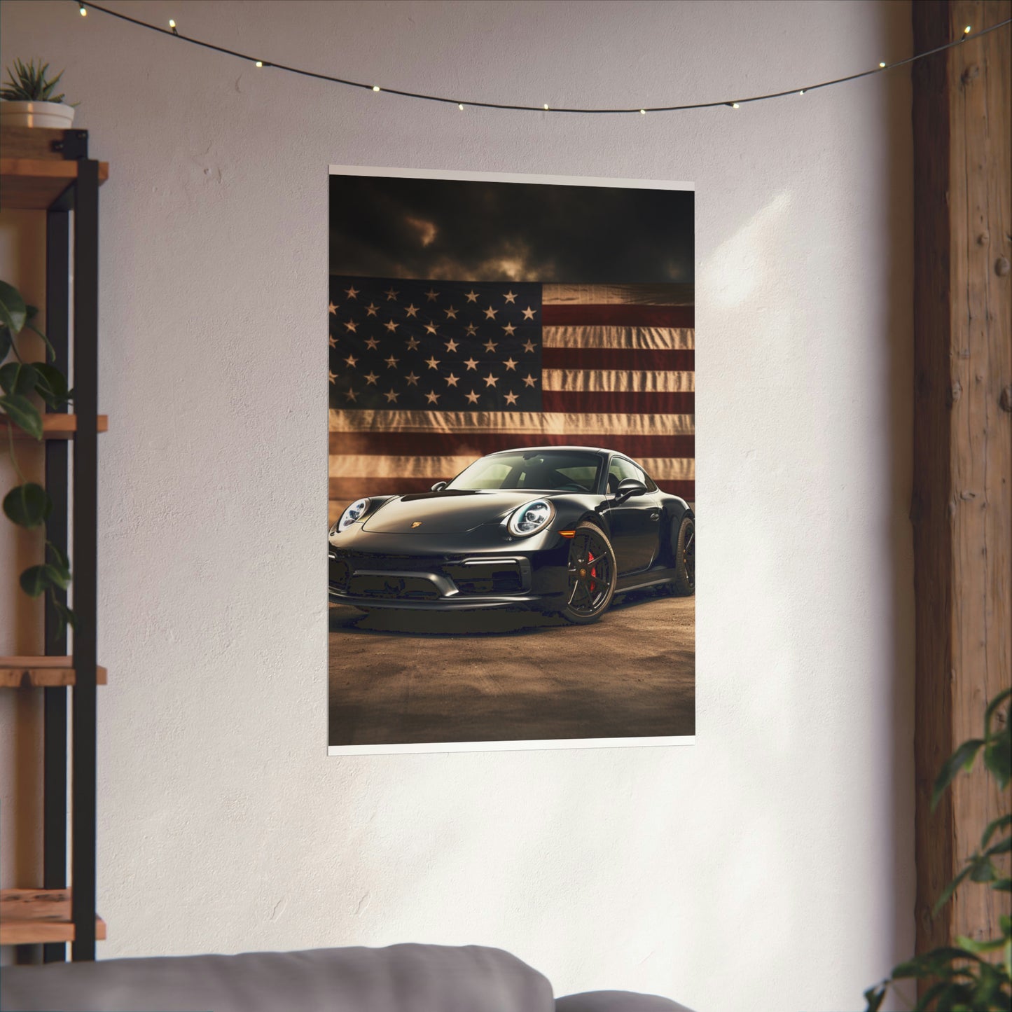 Premium Matte Vertical Posters American Flag Background Porsche 4