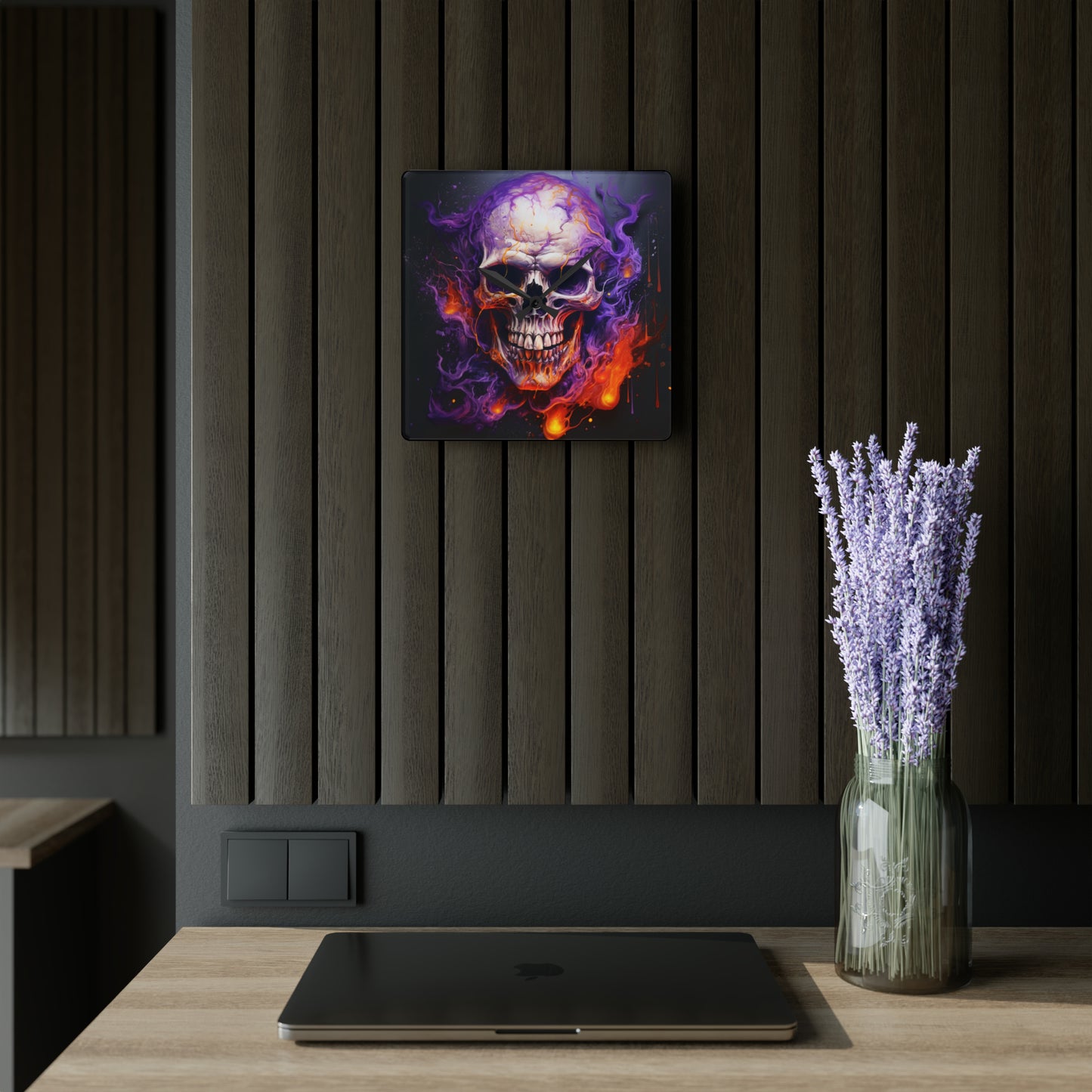 Acrylic Wall Clock Skull Flames 2