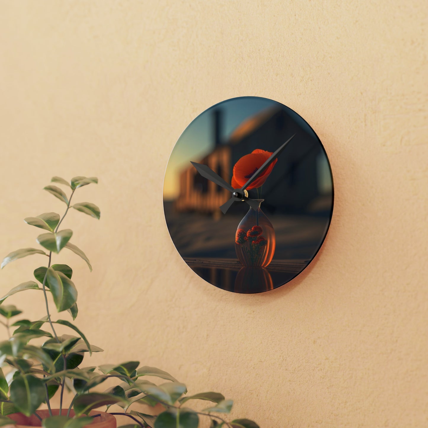 Acrylic Wall Clock Orange Poppy in a Vase 3