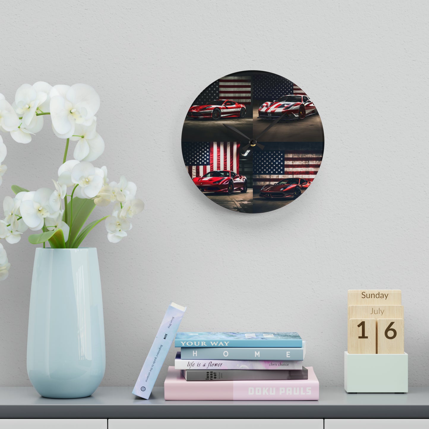 Acrylic Wall Clock American Flag Background Ferrari 5