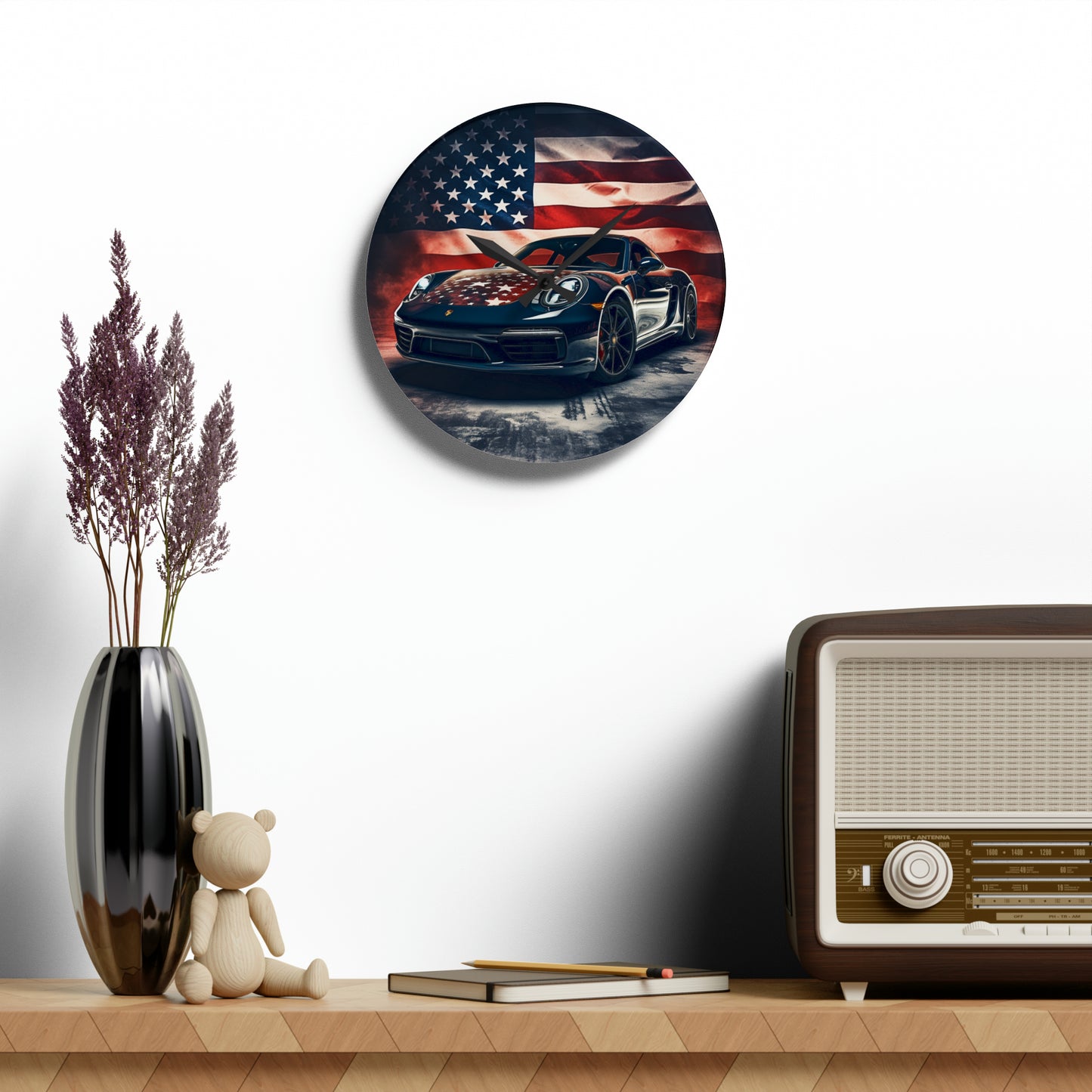 Acrylic Wall Clock Abstract American Flag Background Porsche 2