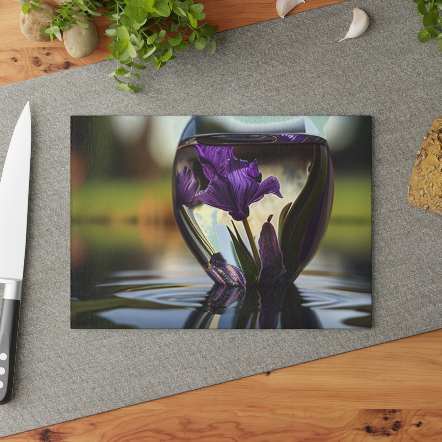 Glass Cutting Board Purple Iris in a vase 3