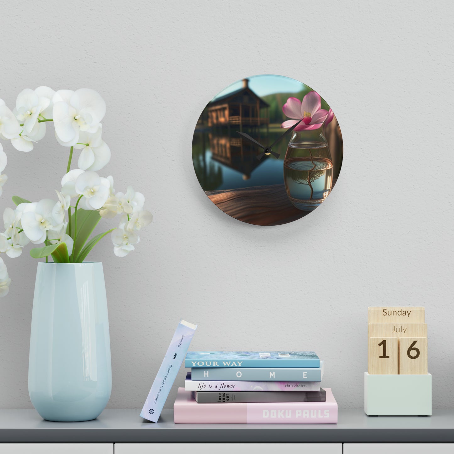 Acrylic Wall Clock Magnolia in a Glass vase 1