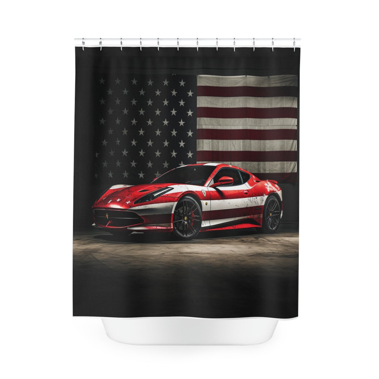 Polyester Shower Curtain American Flag Background Ferrari 1