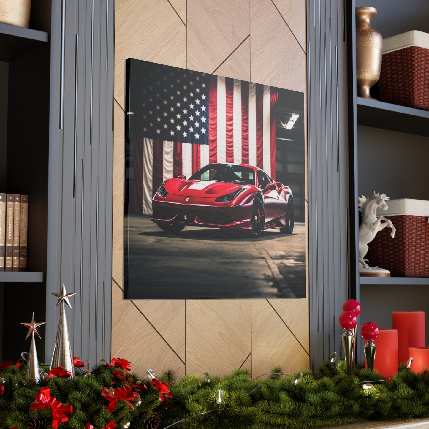 Canvas Gallery Wraps American Flag Background Ferrari 3