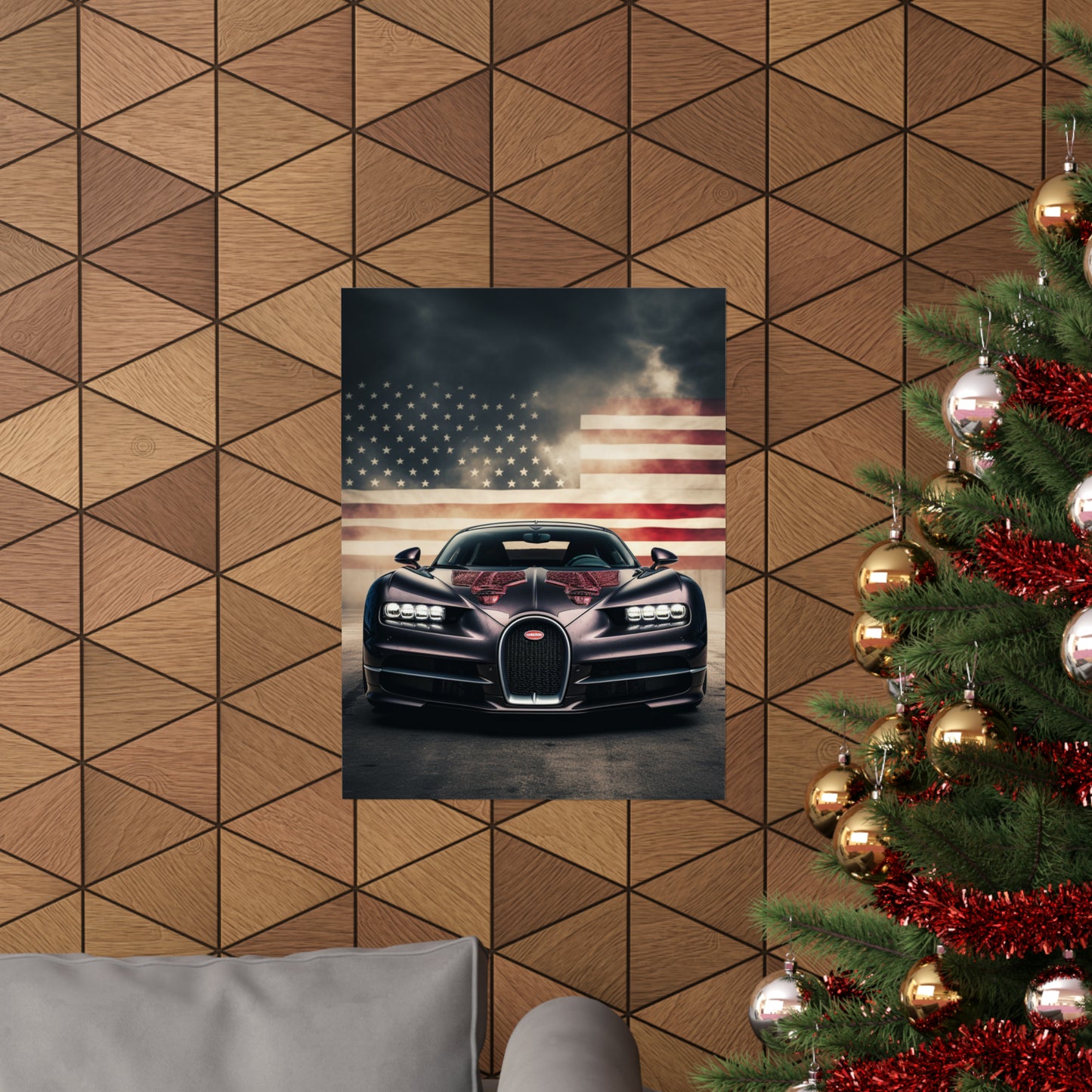 Premium Matte Vertical Posters American Flag Background Bugatti 2