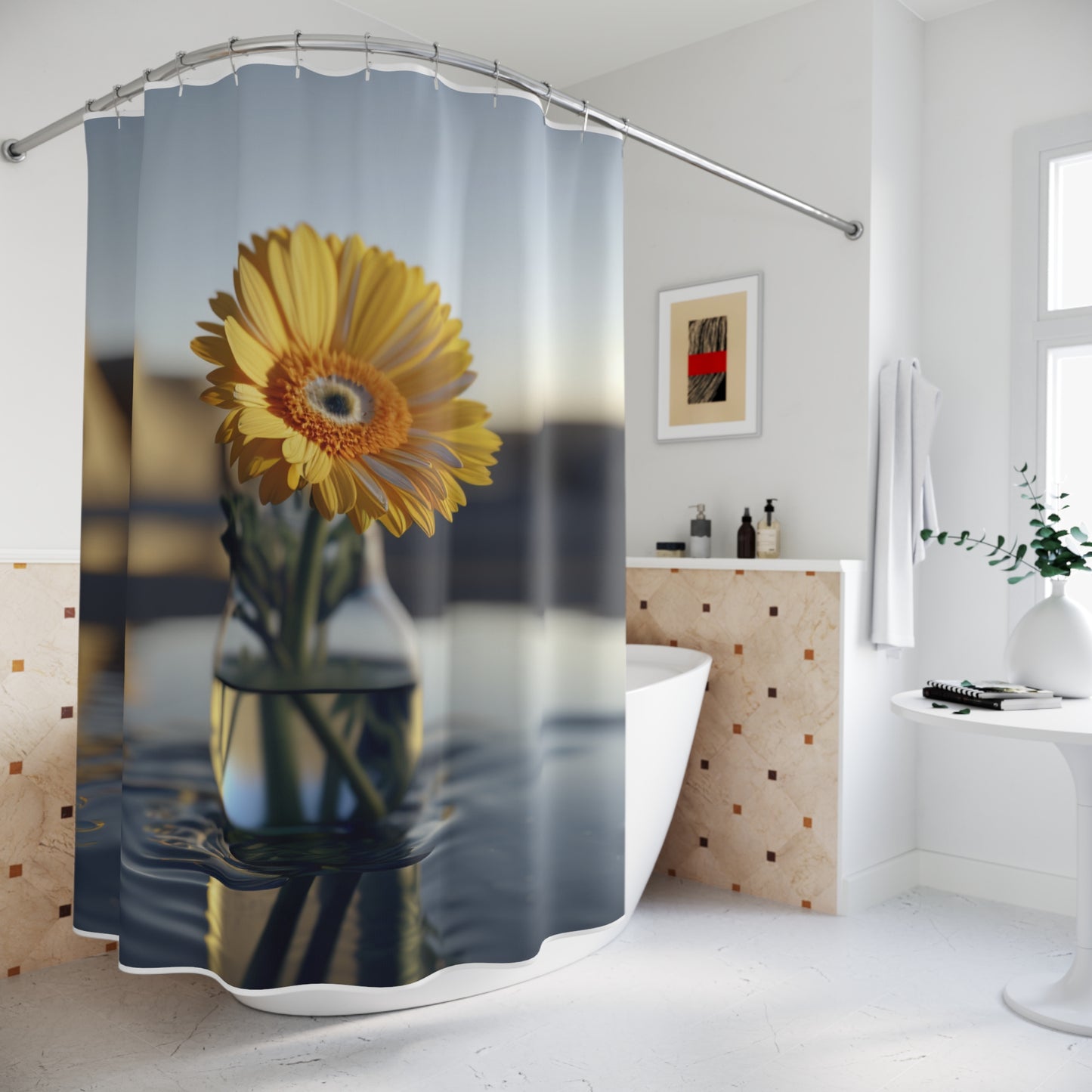 Polyester Shower Curtain yello Gerbera glass 4