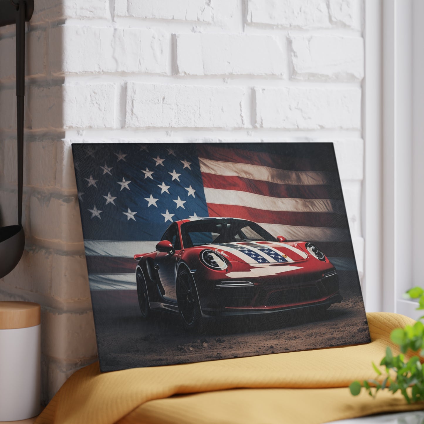 Glass Cutting Board American Flag Background Porsche 3