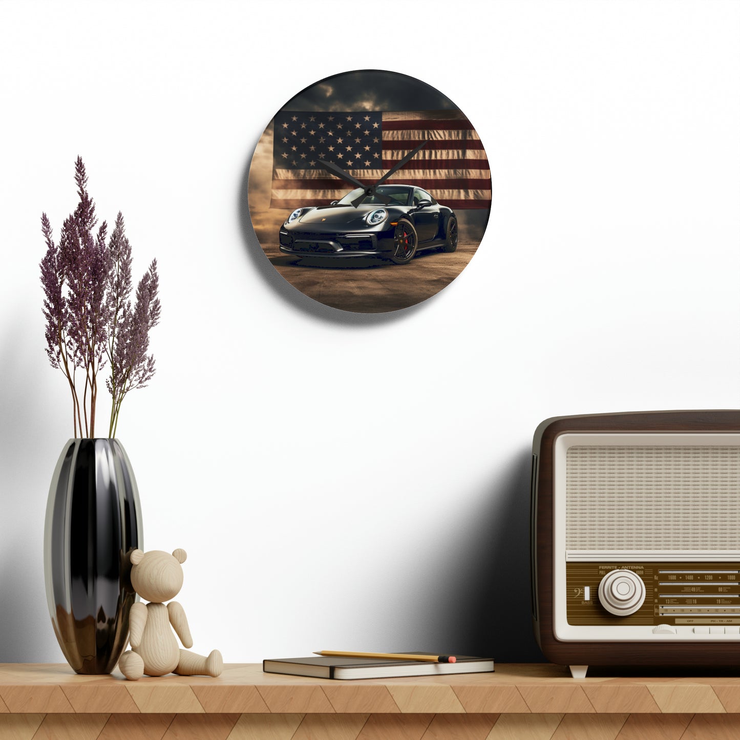 Acrylic Wall Clock American Flag Background Porsche 4