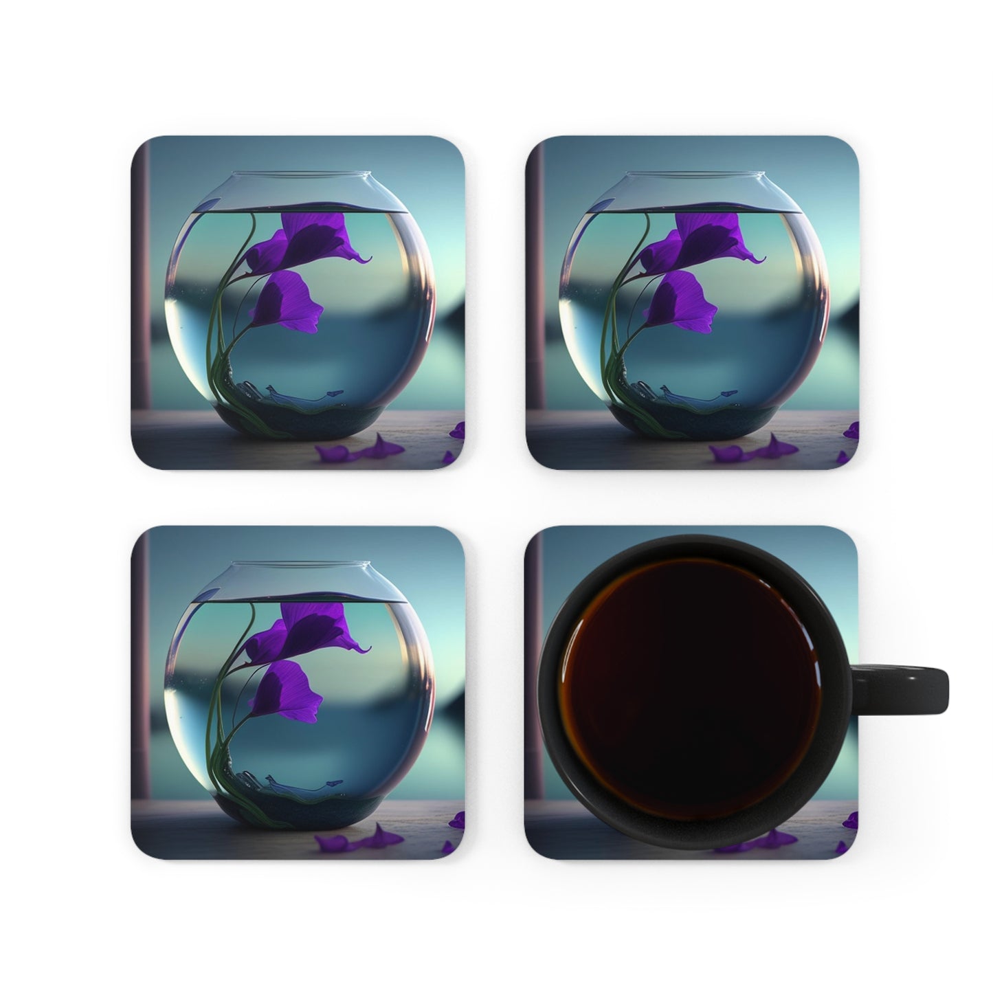 Corkwood Coaster Set Purple Sweet pea in a vase 2