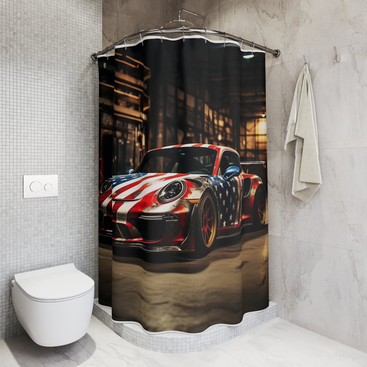 Polyester Shower Curtain American Flag Porsche 4