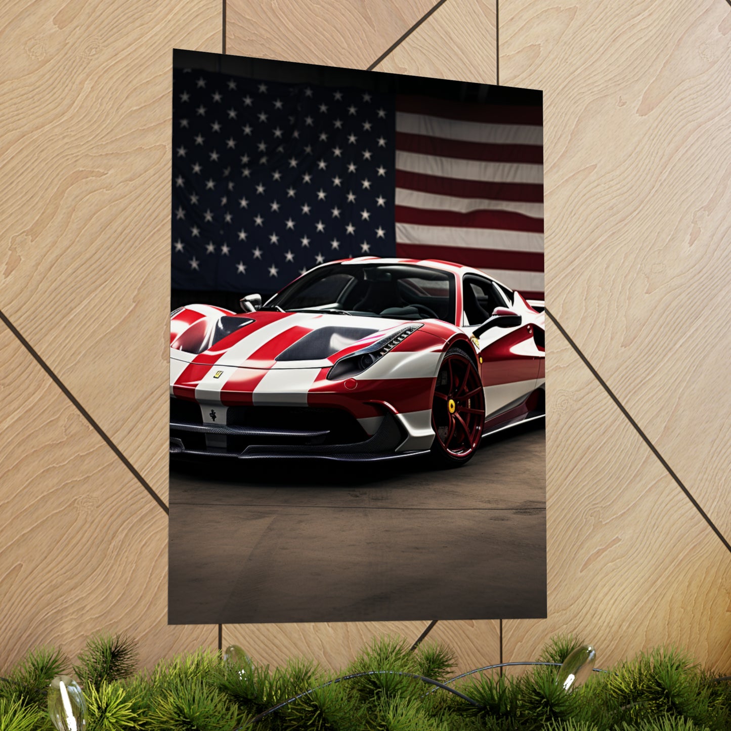 Premium Matte Vertical Posters American Flag Background Ferrari 2