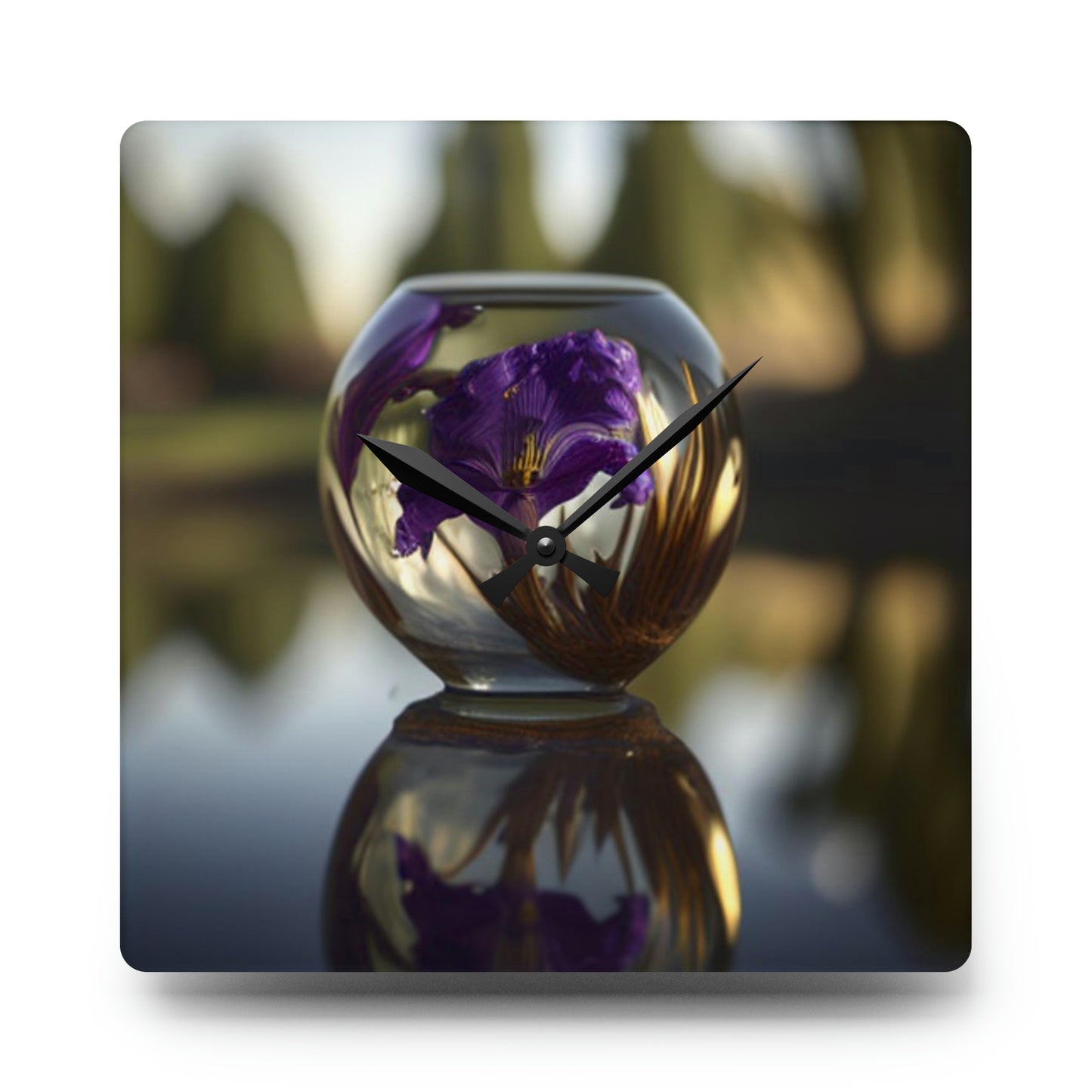 Acrylic Wall Clock Purple Iris in a vase 2