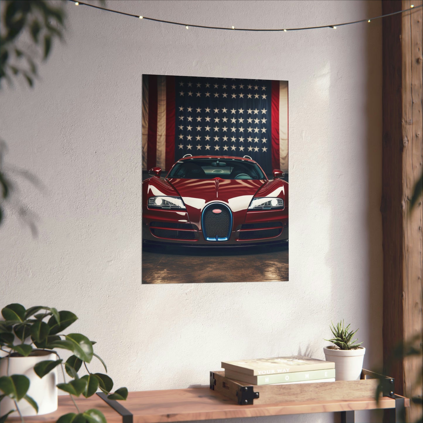 Premium Matte Vertical Posters American Flag Background Bugatti 1