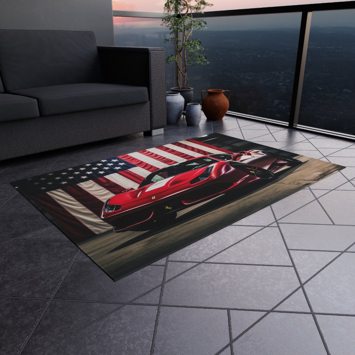 Outdoor Rug  American Flag Background Ferrari 3