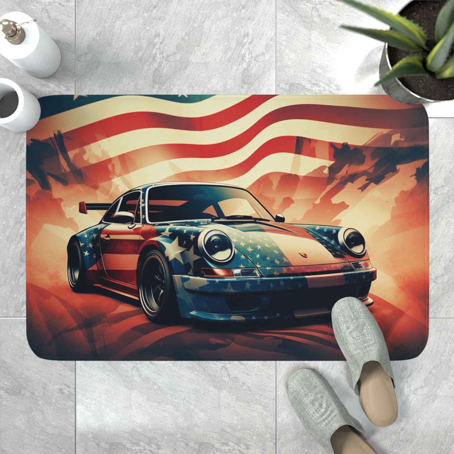 Memory Foam Bath Mat Abstract American Flag Background Porsche 4