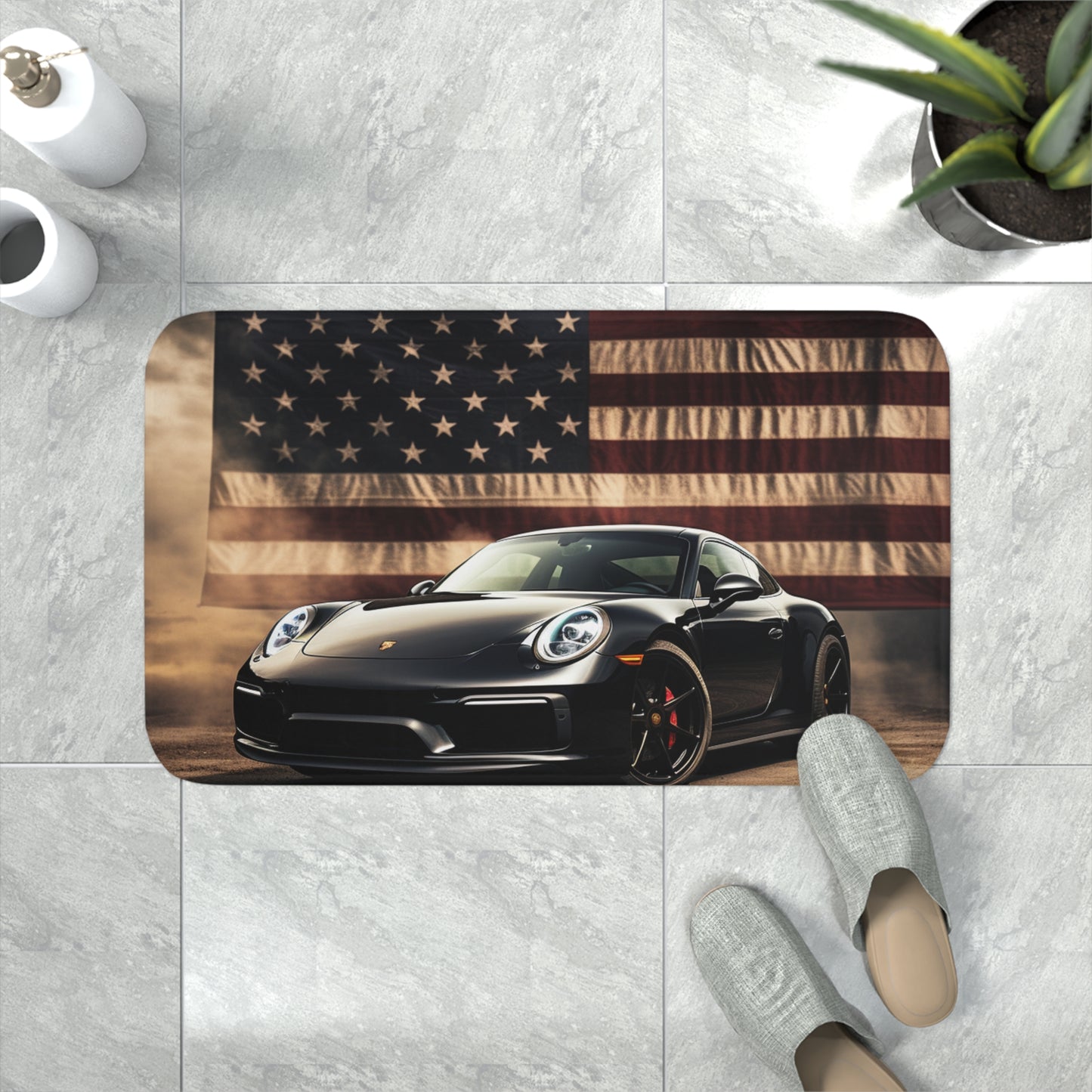 Memory Foam Bath Mat American Flag Background Porsche 4