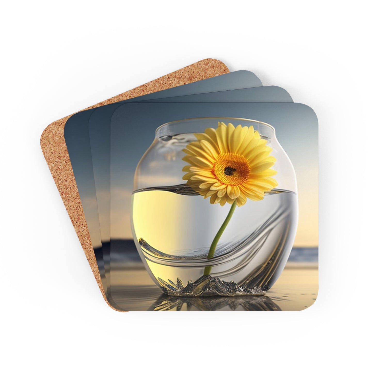 Corkwood Coaster Set yello Gerbera glass 1