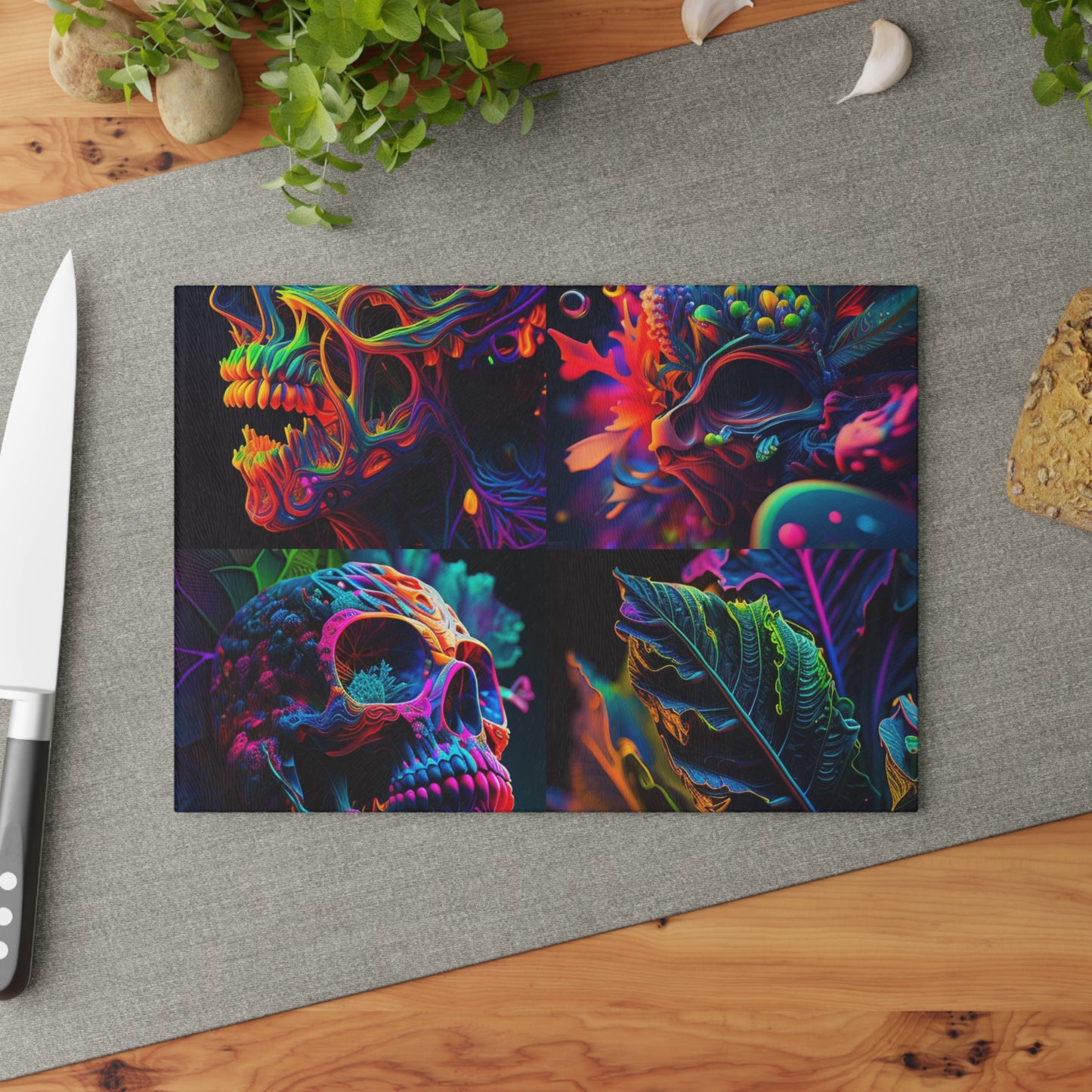 Glass Cutting Board Florescent Skull Death 5