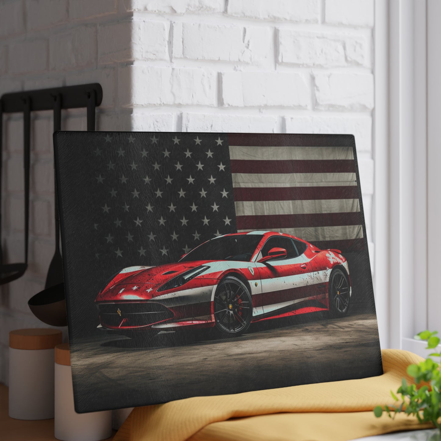 Glass Cutting Board American Flag Background Ferrari 1