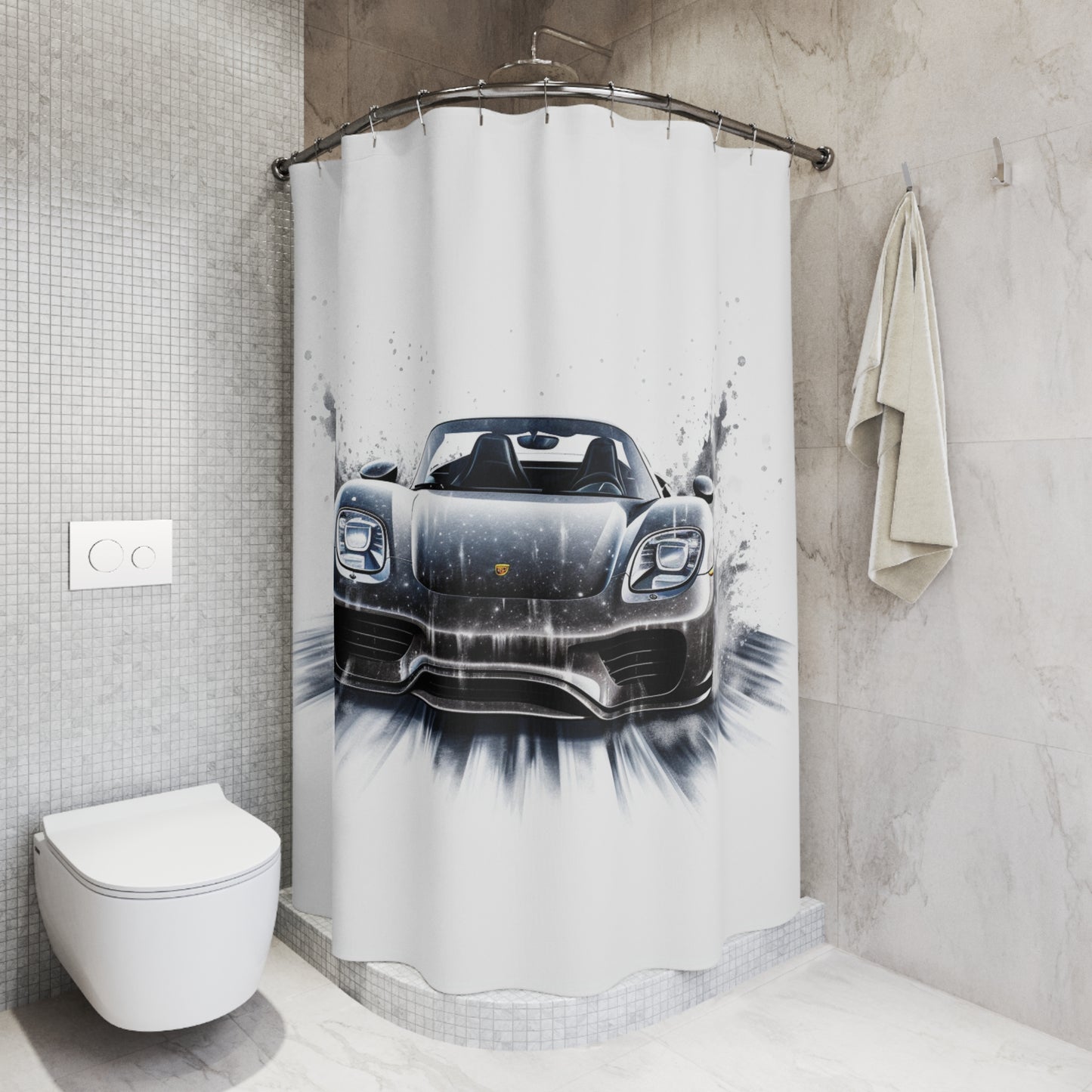 Polyester Shower Curtain 918 Spyder white background driving fast with water splashing 3