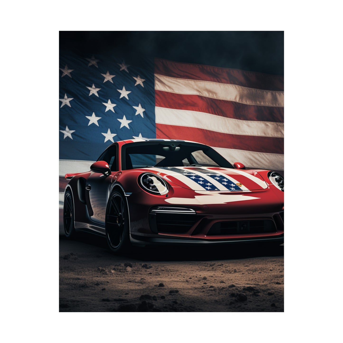 Premium Matte Vertical Posters American Flag Background Porsche 3