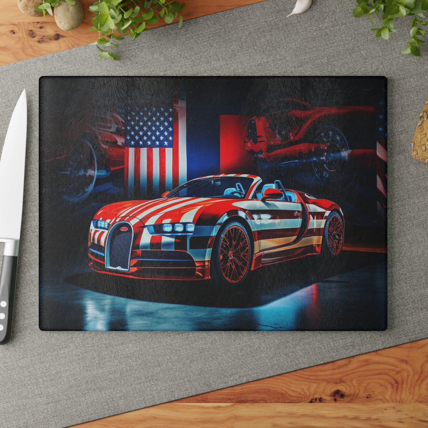 Glass Cutting Board Macro Bugatti American Flag 2