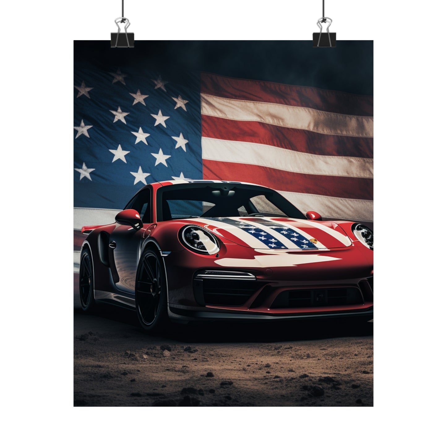 Premium Matte Vertical Posters American Flag Background Porsche 3