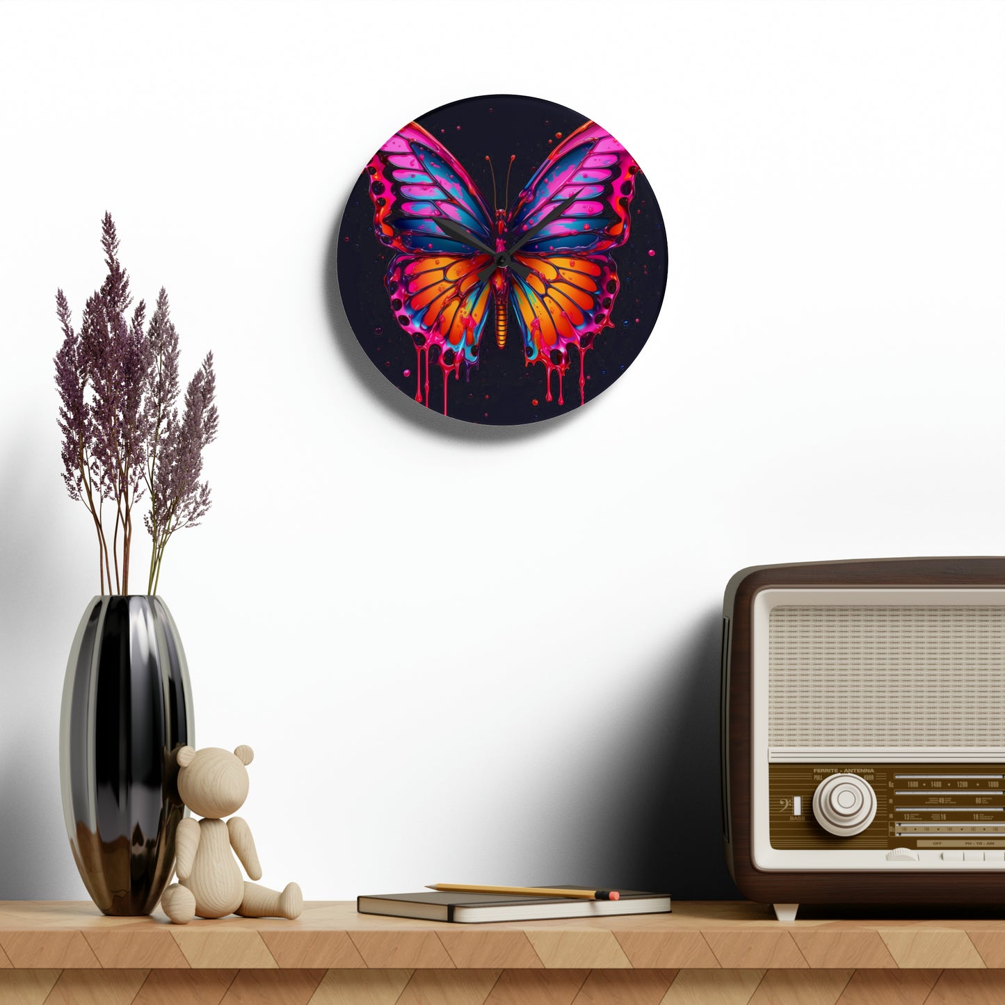 Acrylic Wall Clock Pink Butterfly Flair 1