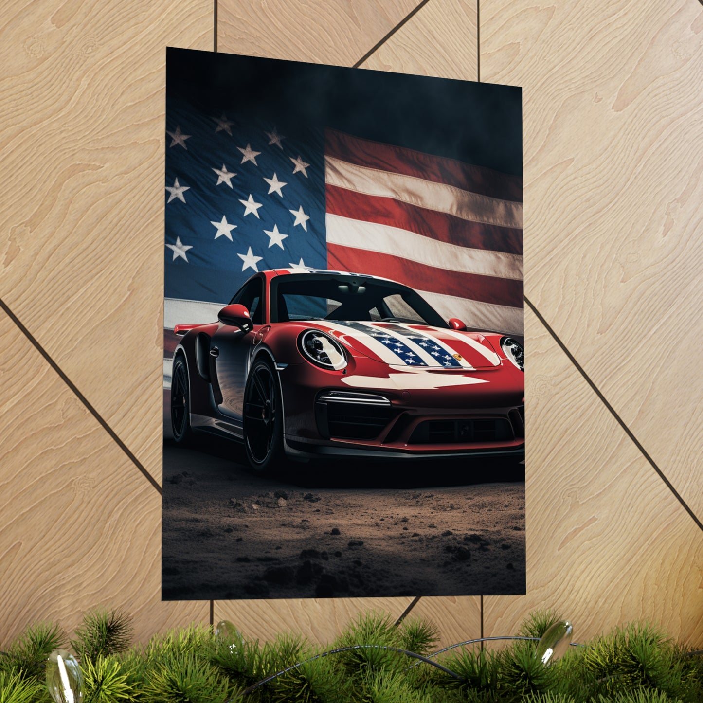 Premium Matte Vertical Posters American Flag Background Porsche 3