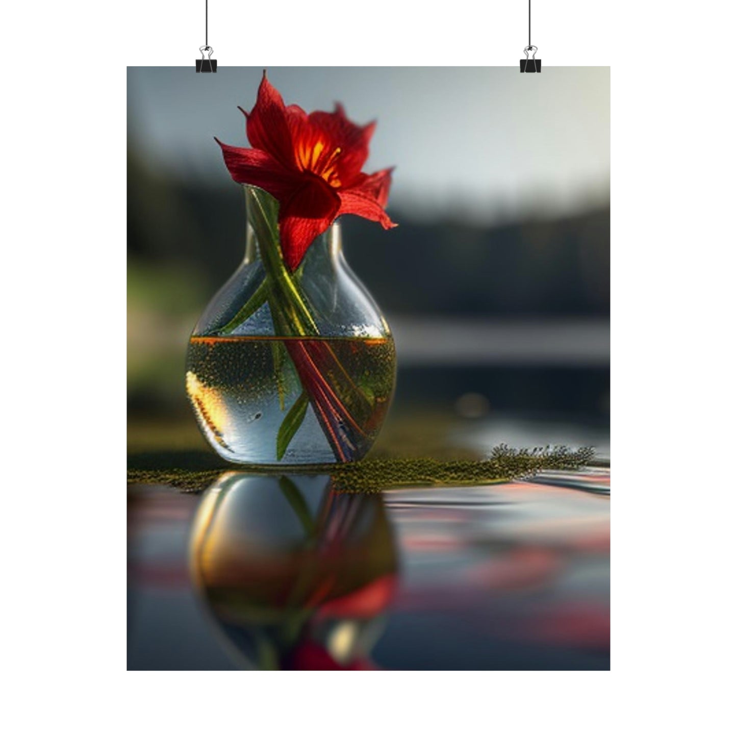 Premium Matte Vertical Posters Red Lily in a Glass vase 3